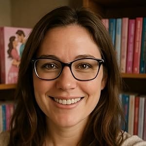 Portrait d'Emily Timson, autrice de romances et thrillers sensuels, devant une bibliothèque remplie de ses romans.
