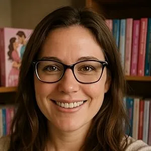 Portrait d'Emily Timson, autrice de romances et thrillers sensuels, devant une bibliothèque remplie de ses romans.