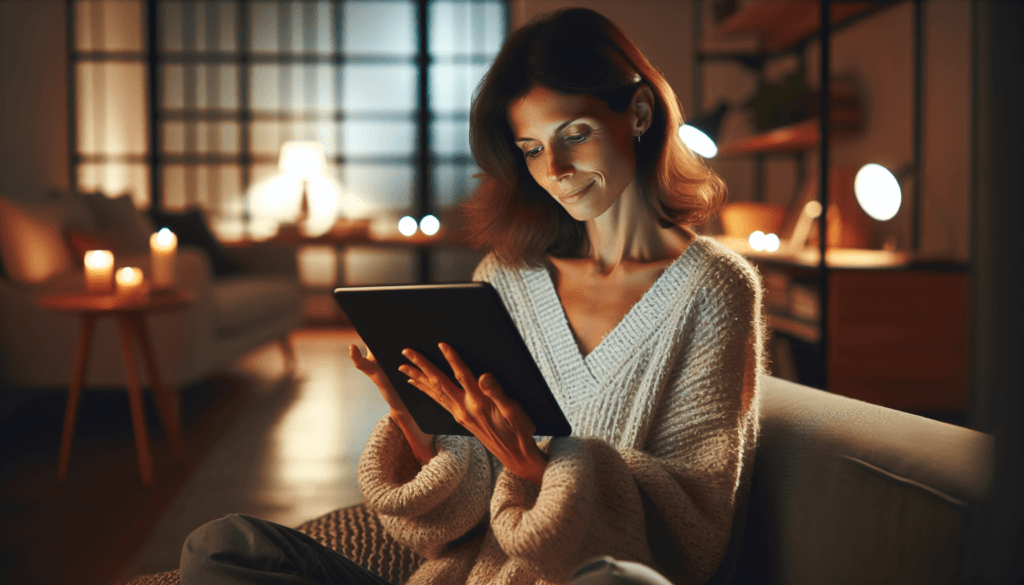 Une femme lit un livre électronique sur une tablette dans une pièce chaleureuse avec un éclairage doux. LA femme cherche un livre érotique gratuit en ligne