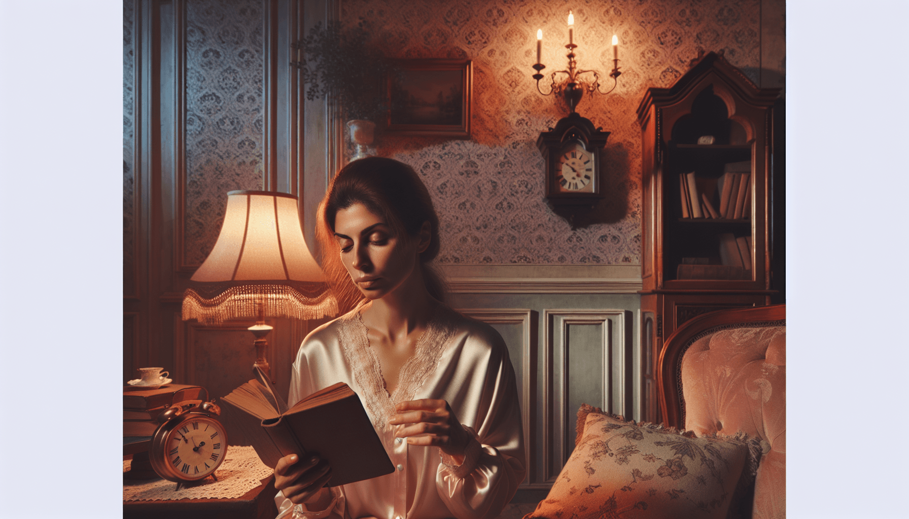 Une femme lisant un livre dans une douce lumière rose, entourée d'une décoration vintage élégante.