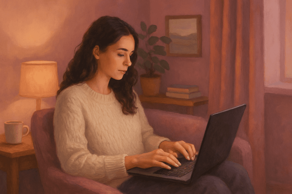 Femme écrivant un ebook erotique sur un ordinateur portable dans une pièce cosy aux tons rose et mauve, ambiance chaleureuse et relaxante.