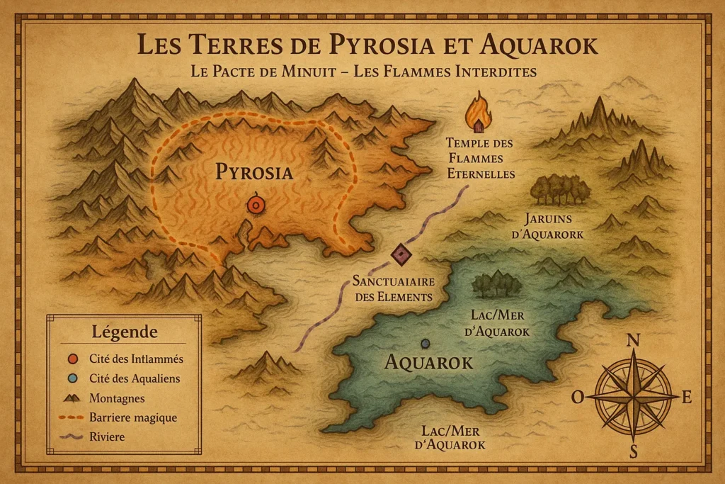 Carte fantasy des Terres de Pyrosia et Aquarok tirée du roman Le Pacte de Minuit – Les Flammes Interdites d’Emily Timson.