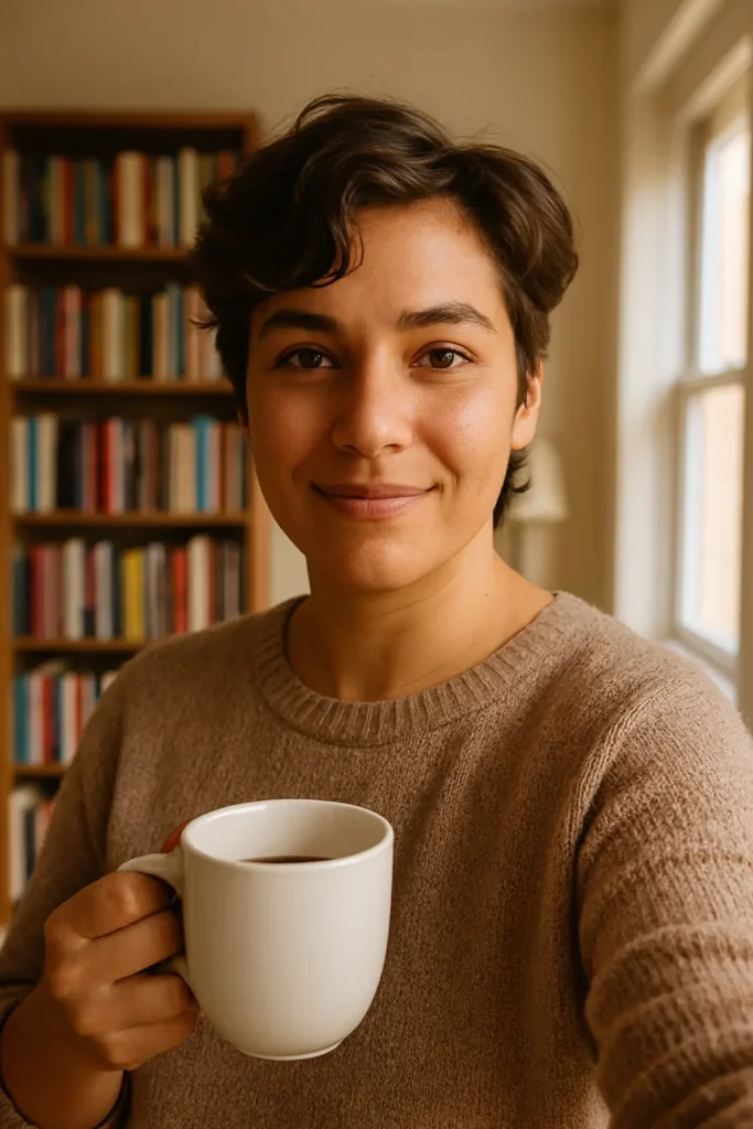 Selfie d’un·e auteur·e non-binaire souriant·e, en pull beige, tenant une tasse blanche, avec une bibliothèque colorée en arrière-plan.