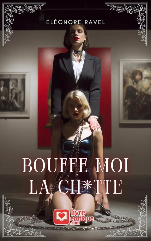 Couverture du roman « Bouffe‑moi la ch*tte » : dominatrice en tailleur debout derrière une soumise blonde agenouillée, enchaînée, dans une galerie d’art.