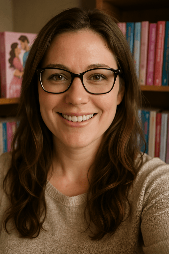 Portrait d'Emily Timson, autrice de romances et thrillers sensuels, devant une bibliothèque remplie de ses romans.