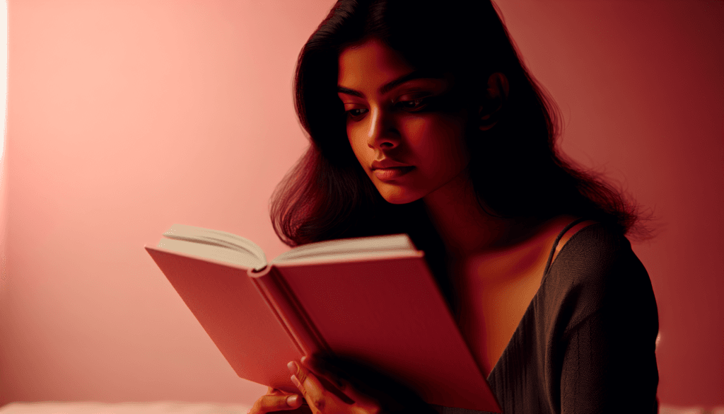 Une femme lisant un livre sous une douce lumière rose, son expression à la fois pensive et intriguée.