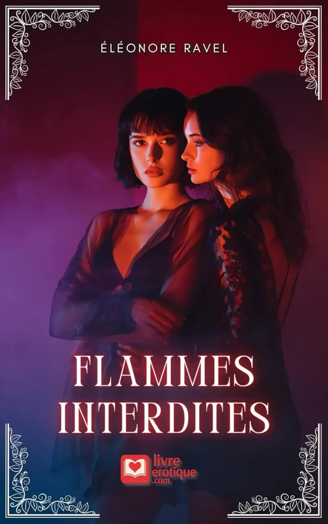 Couverture du roman « Flammes interdites » : deux femmes en robes transparentes se tiennent dans une lueur rouge‑violet, regard chargé de désir.