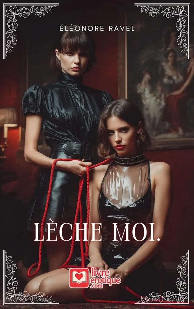 Couverture du roman « Lèche‑moi » : dominatrice en cuir noir tenant une corde rouge reliée au collier d’une soumise agenouillée en latex transparent.