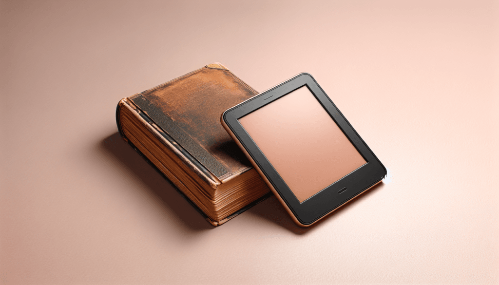 Une scène réaliste montrant un livre en papier et une liseuse sur un fond rose doux. Livres érotiques ou ebook ?