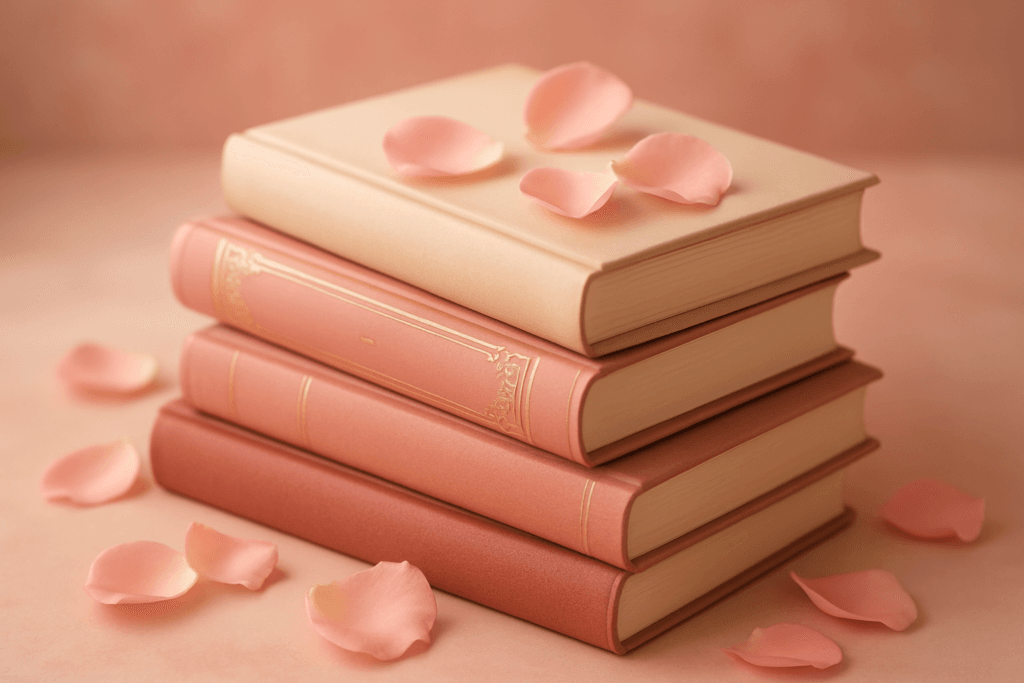 Une pile de livres élégants avec des pétales de rose sur un fond doux dans des tons roses chaleureux. Différents sous-genres de la littérature érotique