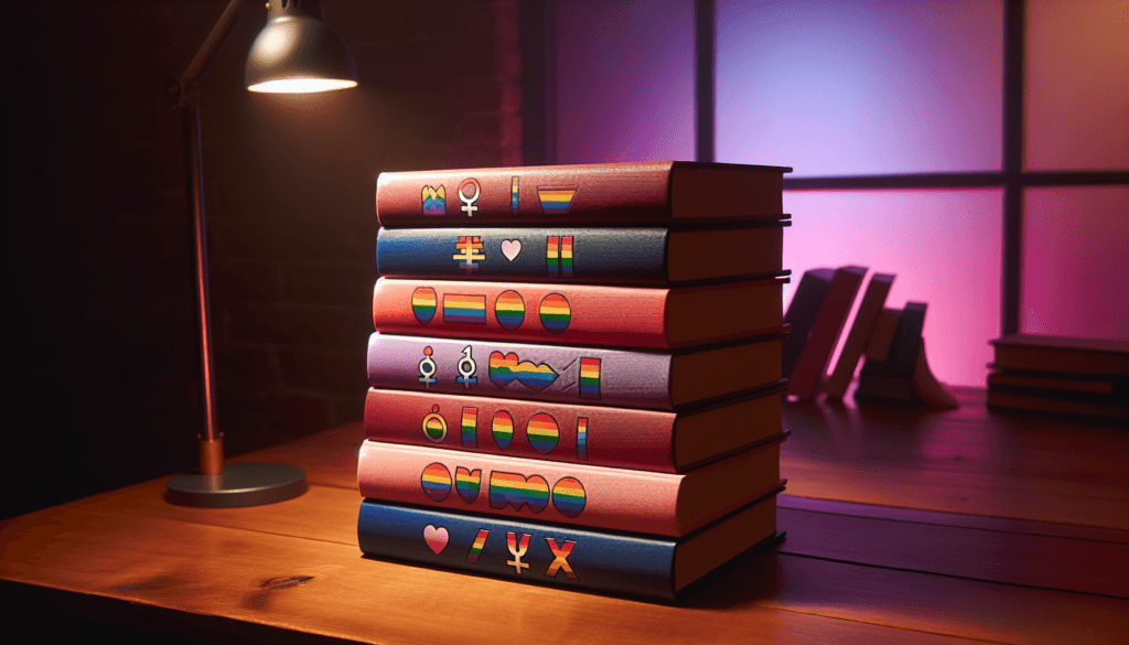 Une pile de livres sur le thème LGBTQIA+ sur une table, éclairée par une lumière douce rose et mauve.