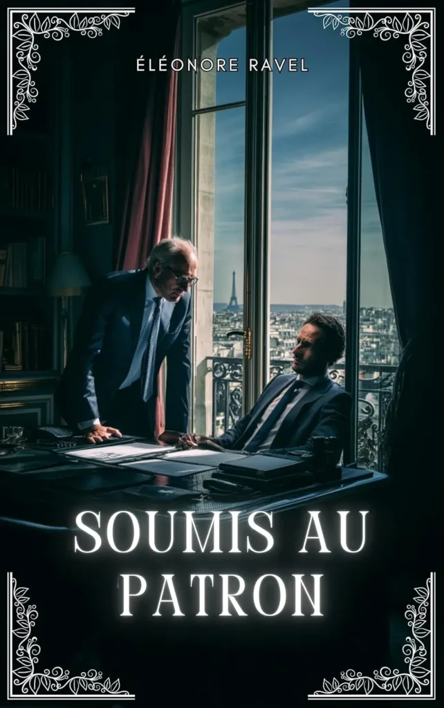 Couverture du roman « Soumis au patron » : un homme d’affaires imposant domine son jeune employé assis dans un bureau parisien, tour Eiffel en arrière‑plan.